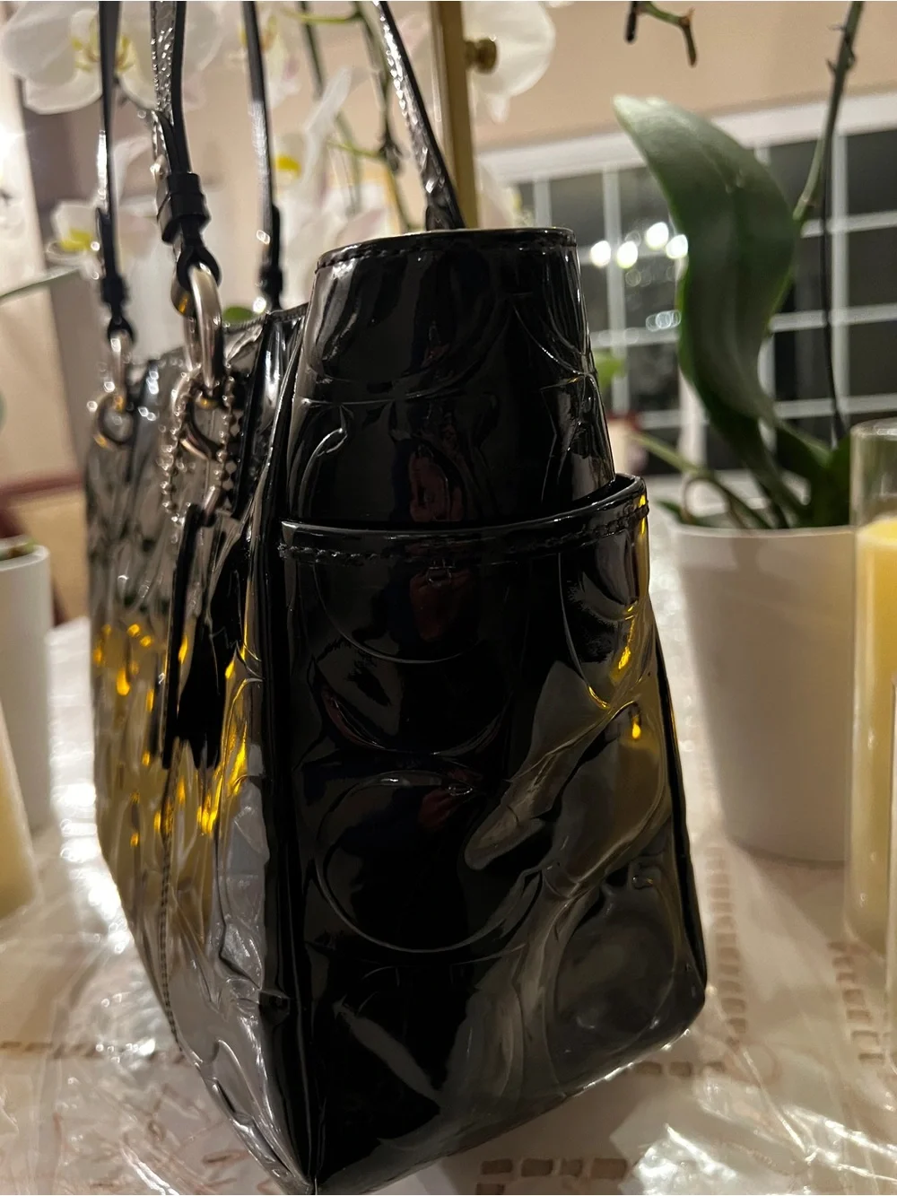 Coach Black Patent Embossed Signature Tote | Glossy Shoulder Bag Silver Hardware